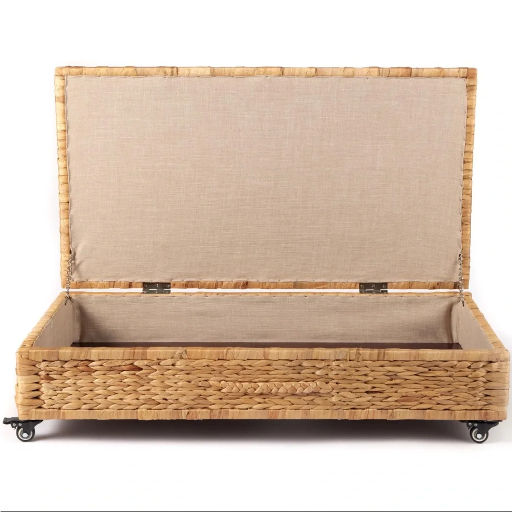 Organic Modern Storage Ottoman Coffee Table Woven Hyacinth Basket on Wheels NEW